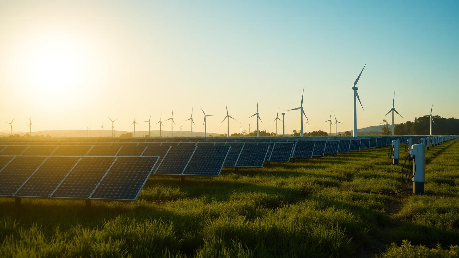 Solar field and wind turbines beside EV chargers at sunrise
