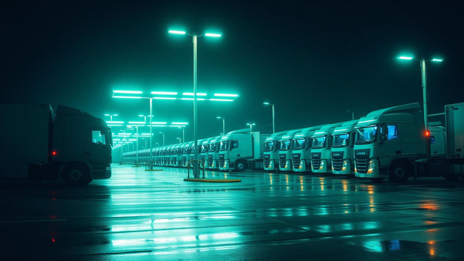 Electric truck depot charging at night